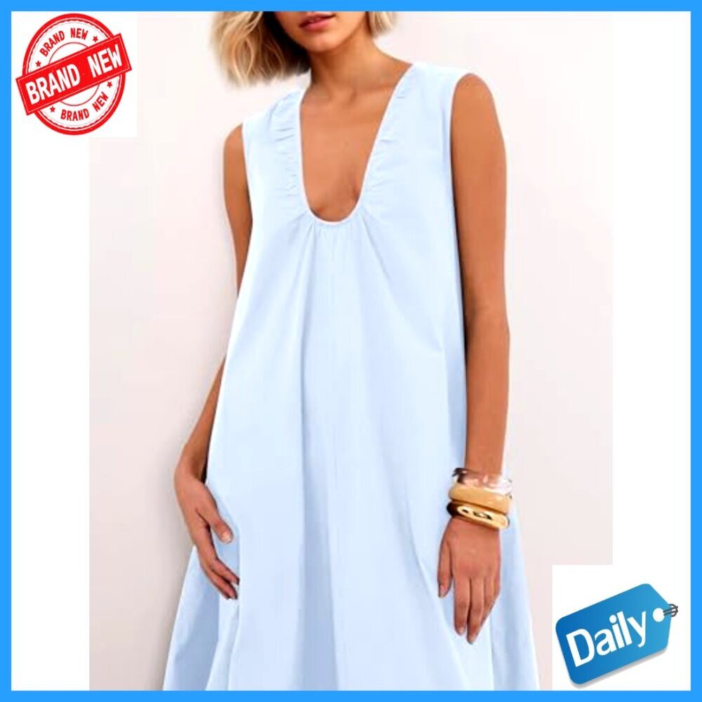 Cotton Maxi Dress Scoop Neck Ruched Side Pockets Swing Sundress - Picture 3 of 6